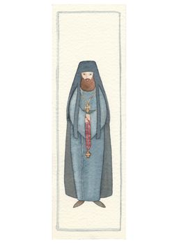 Hand drawn back postcard with archimandrite :byzantine priest, watercolor illustration