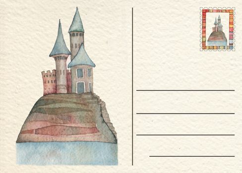 Hand drawn back postcard with Castle, watercolor illustration