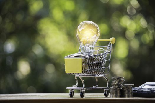 Energy saving light bulb with shopping cart financial and shopping concept and copy space for insert text.