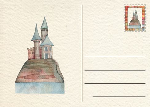 Hand drawn back postcard with Castle, watercolor illustration