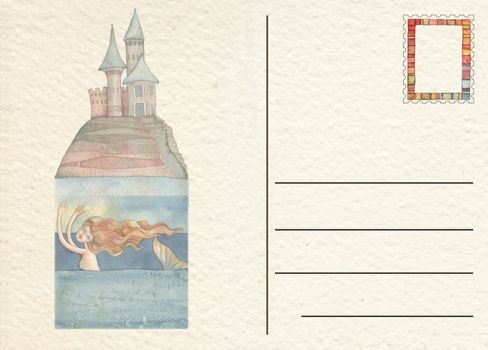 Hand drawn back postcard with Castle, watercolor illustration