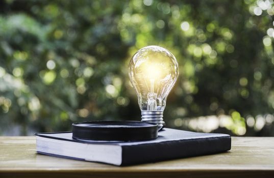 Light bulb and a book on table and copy space for insert text.