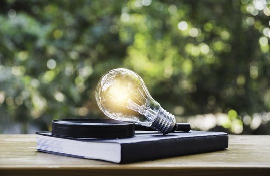 Light bulb and a book on table and copy space for insert text.