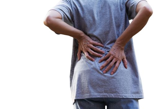 A woman suffering from backache, spinal injury and muscle issue problem isolated on white background.