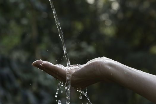 Water pouring on hand with blurred nature background.