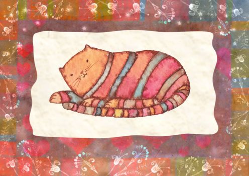 Striped cat, watercolor illustration