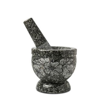 A stone mortar and pestles with clipping path isolated on a white background.