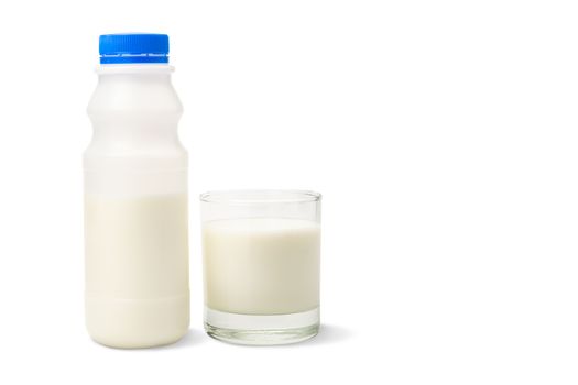 A plastic bottle of milk and glass of milk isolated on a white background with clipping path.