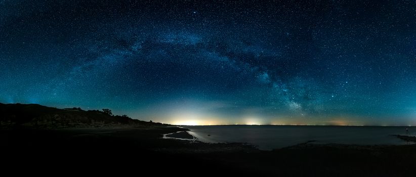 Amazing Panoramic Landscape view of Milky way over Night sky. High quality photo