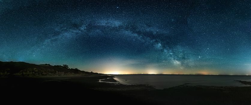 Amazing Panoramic Landscape view of Milky way over Night sky. High quality photo