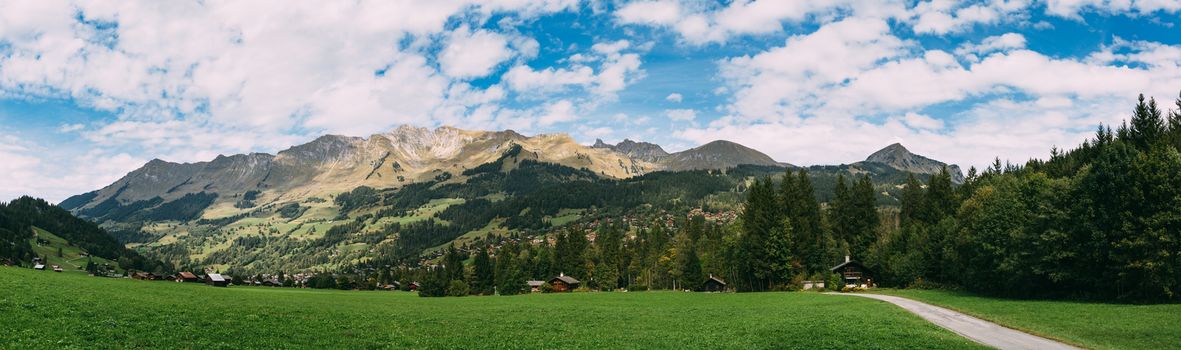 Panoramic view of the swiss mountain village of Les Diablerets.