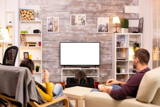 Couple looking at isolated TV screen in cozy living room while eating takeaway food