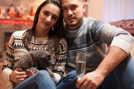 Loving couple with their cat on christmas day looking at the camera.