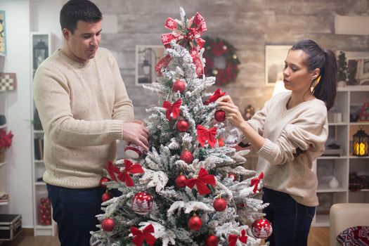 Beautiful caucasian couple preparing their christmas tree in living room.