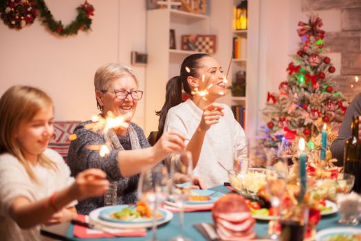 Happy senior woman at christmas celebration with her family holding a hand fireworks.