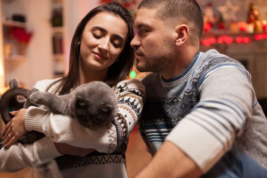 Happy boyfriend looking at his girlfriend holding their cat on christmas.