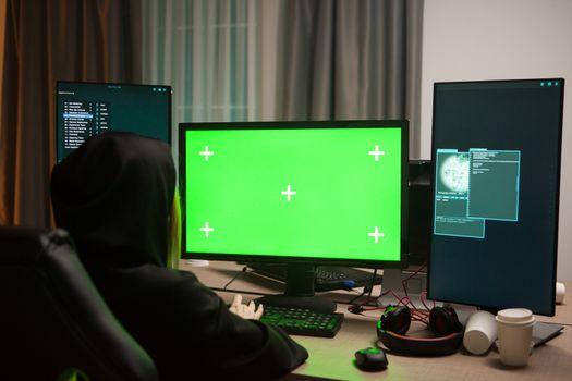 Shot from behind of female hacker writing a virus on computer with green screen.