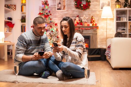 Scottish fold in the background while couple doing shopping on phone for christmas.