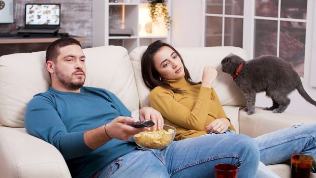 Couple relaxing watching a movie on tv and playing with the cat. Man using tv remote control and eating chips.