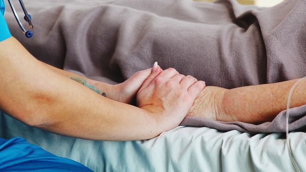 Close up shot of young caucasian assitant taking the hand of an old lady lying in hospital bed.