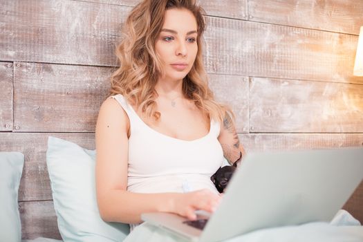 Young woman in pajamas at night in her bed watching a movie on laptop together with her little dog.