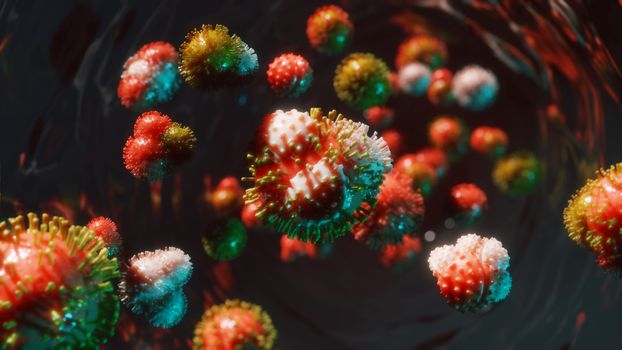 3D render of virus or bacteria cell in blood stream. 2019-ncov or coronavirus asian flu