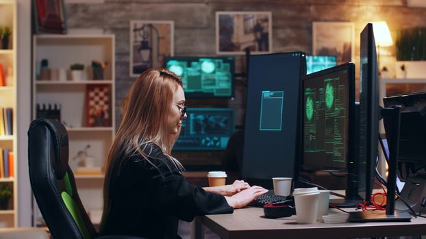 Dangerous cyber criminals working together to bring down the government using super computers. Female hacker.