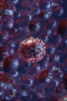 Global pandemic under the microscope, representation of coronavirus in macro. 3D render image.