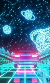 Retro scene of car traveling in sci fi landscape toward a planet. 3D render. Synthwave vj theme. Vertical view