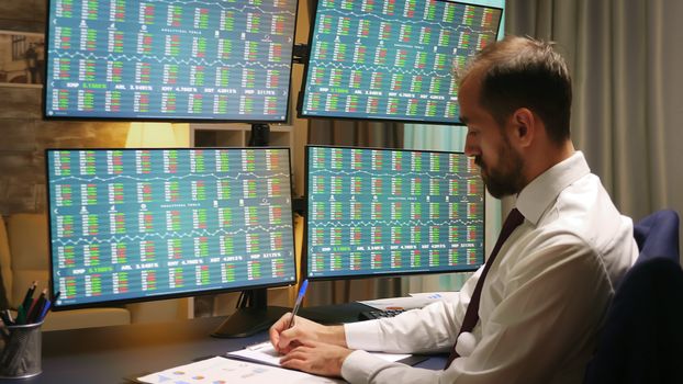 Businessman in suits looking at graphs from the stock market crash.