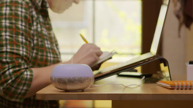 Female entrepreneur working from home with aromatherapy purifier next to her