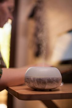 Essential oil diffuser with young woman working on laptop in the background.