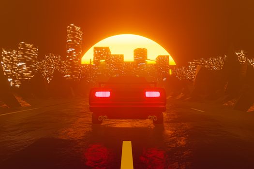Car traveling in gorgeous sunset landscape through a big city. 3D render. Horizontal view