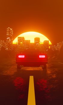 Car traveling in gorgeous sunset landscape through a big city. 3D render. Vertical view