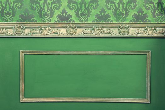 Retro interior from rococo period in green style. Vintage details of retro rich home