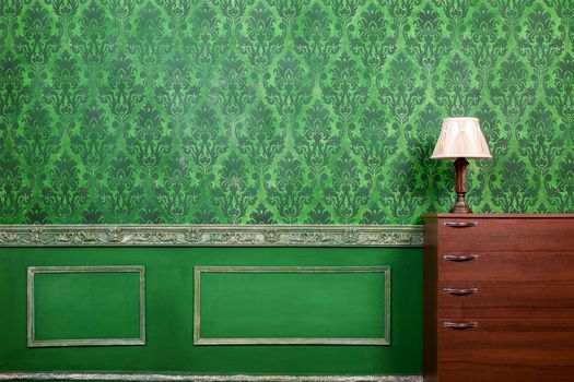 Retro room with pattern in rococo style. Rich interior. Old home. Style and elegance