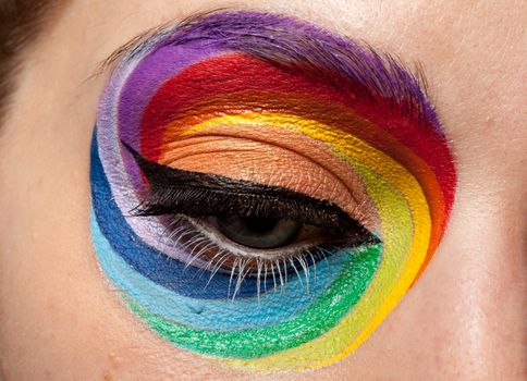 Eye in close up with artistic rainbow make up. Beauty image