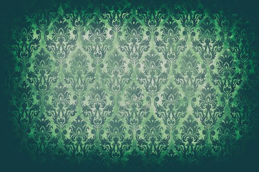 Green vintage pattern on old wall in old type camera toning. Rich vintage retro pattern interior