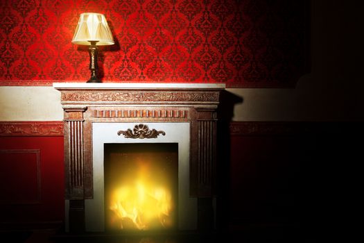 Rich interior with antique lamp and fireplace in red vintage room studio shooting