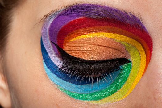 Close up of beautiful eye with rainbow make up in studio photo