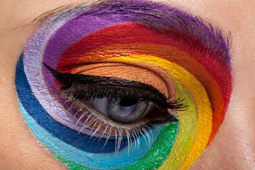 Close up of beautiful eye with rainbow make up in studio photo