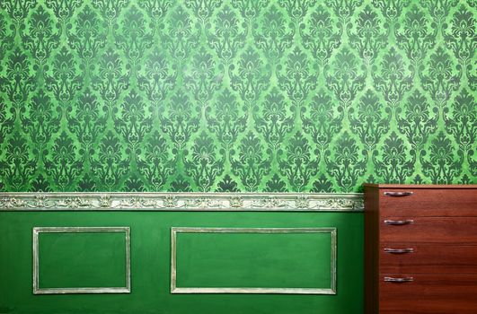 Interior of green room with rococo elements. Furniture. Antique royal rich interior