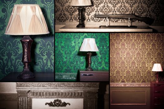 Collage of vintage interior with retro elements with vintage-retro toning. Old style
