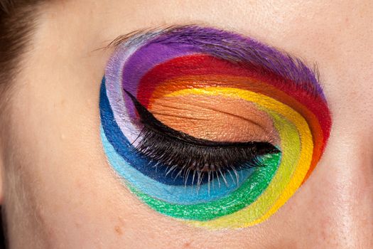 Close up of beautiful eye with rainbow make up in studio photo