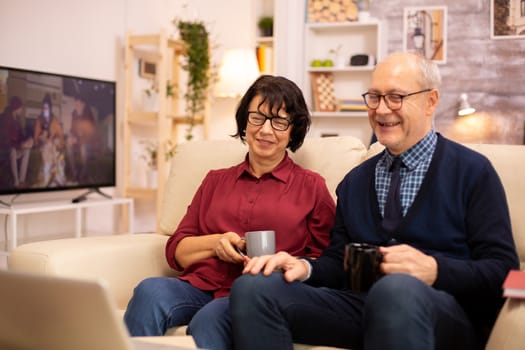 Elderly old couple using modern laptop to chat with their grandson. Grandmother and grandfather using modern technology