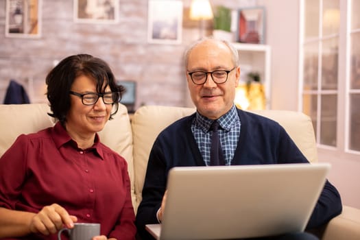 Elderly old couple using modern laptop to chat with their grandson. Grandmother and grandfather using modern technology