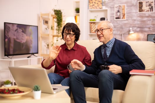 Elderly old couple using modern laptop to chat with their grandson. Grandmother and grandfather using modern technology