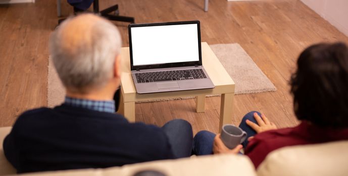 Back view of old couple in their living room looking a laptop with white isolated mock-up.