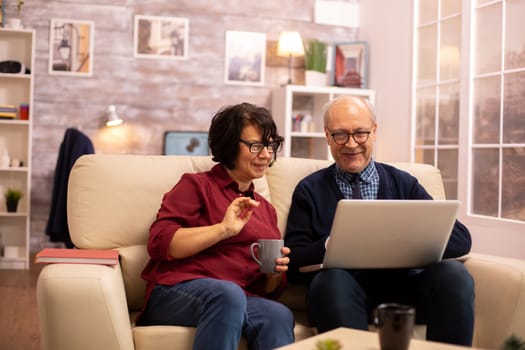 Elderly old couple using modern laptop to chat with their grandson. Grandmother and grandfather using modern technology