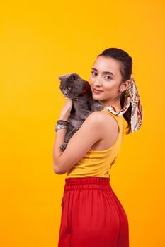 Happy beautiful girl and her adorable cat. Pretty girl holding cat with pedigree.